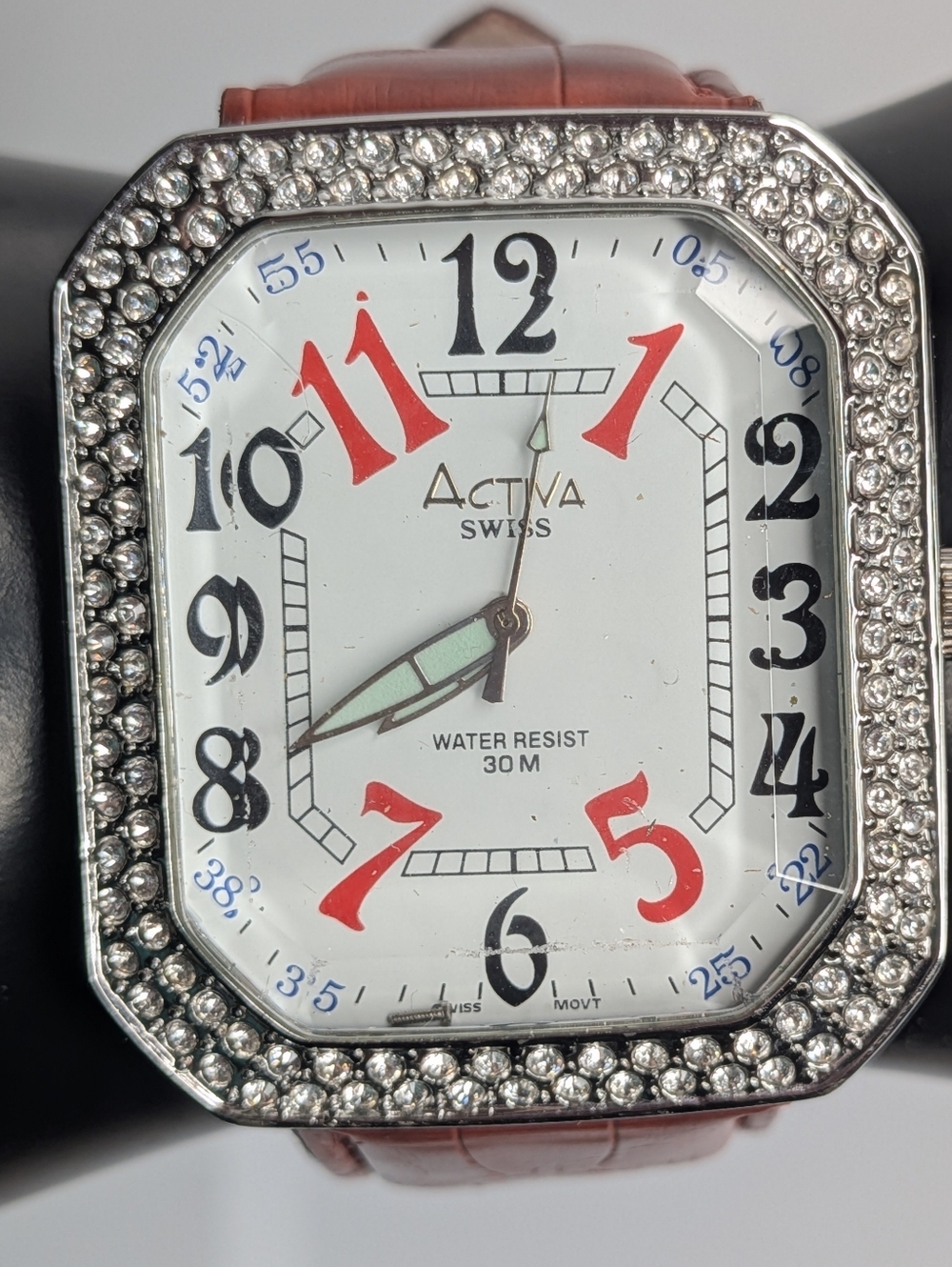 Vintage Activa Watch Swiss Rhinestone Crystal Bezel Brown Faux Croc Strap 30M - Picture 3 of 11